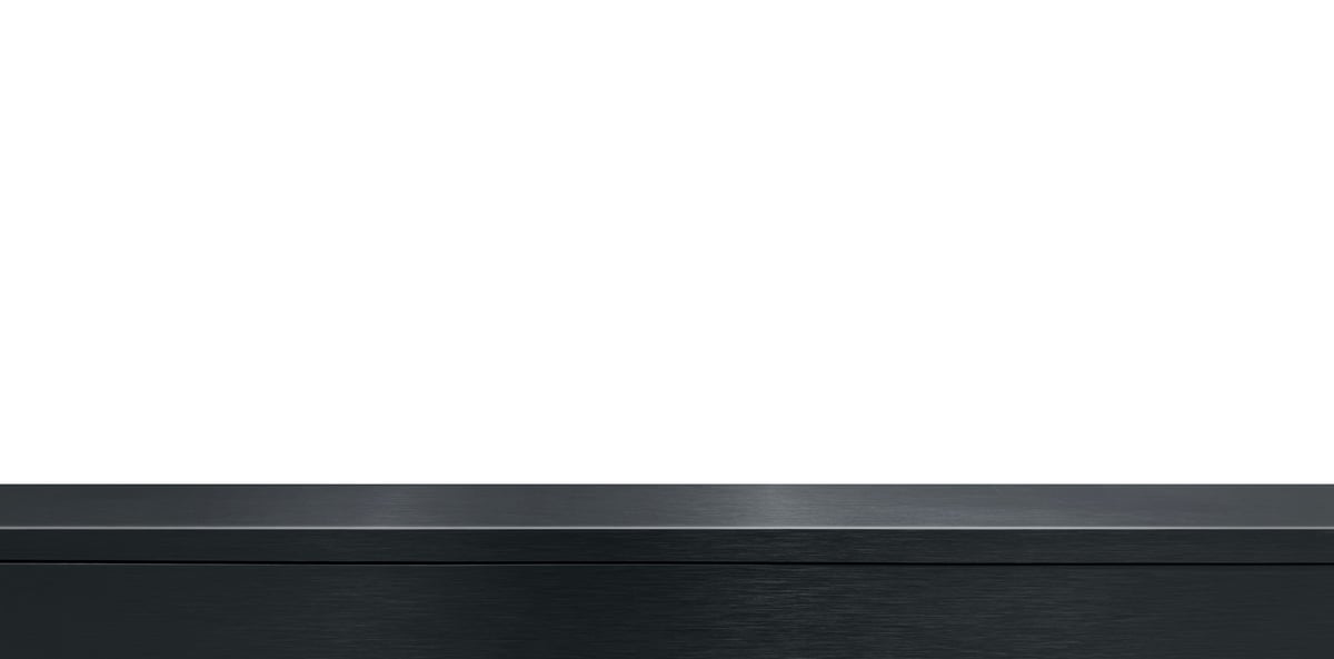 Brushed stainless steel table or counter top with a reflective surface finish